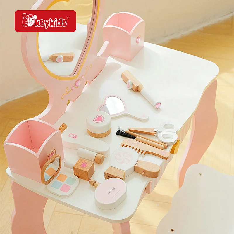 Kids Pretend Makeup Play Set Simulation Wooden Dressing Table With Chair W08H201