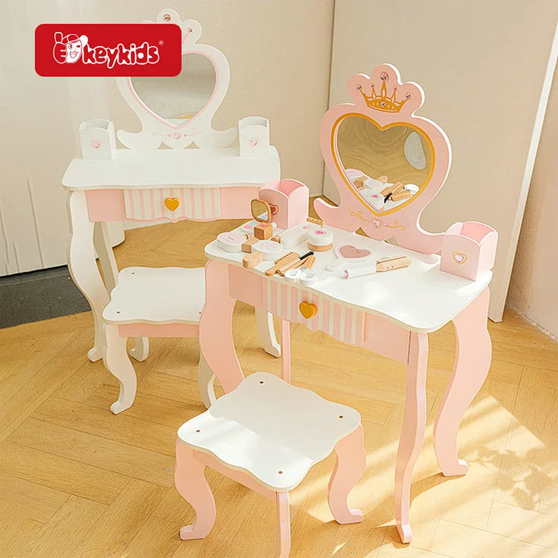 Kids Pretend Makeup Play Set Simulation Wooden Dressing Table With Chair W08H201